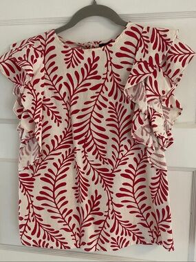 Who What Wear Cream Blouse with Red Leaf Print and Ruffle Sleeves xs